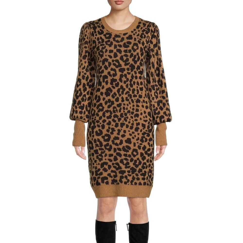 LOFT Black Brown Cheetah Print Crew Neck Wool Blend Fuzzy Sweater Dress